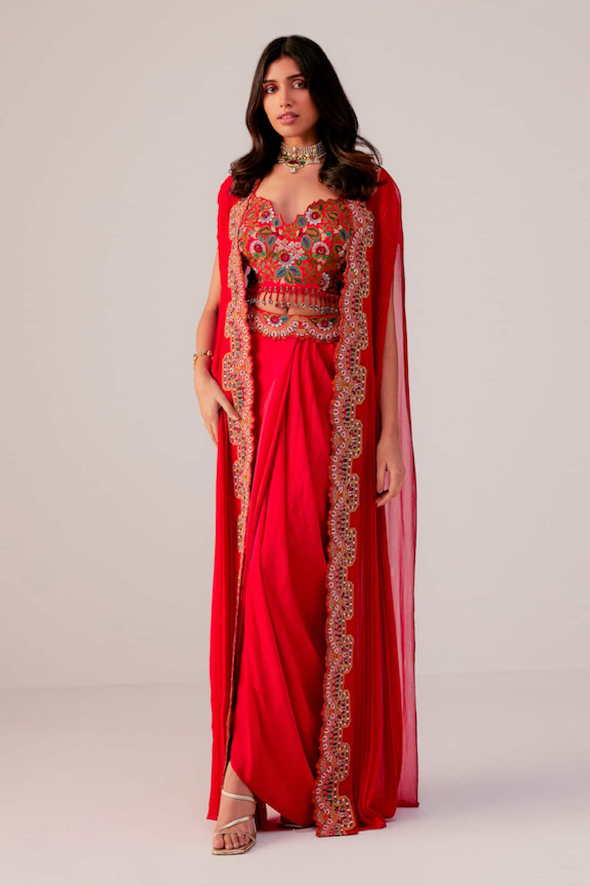 Rishi And Soujit Multicolour Thread Embroidered Bustier Drape Skirt & Cape 