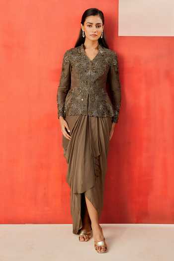 Rishi And Soujit Hand Embroidered Peplum Top & Drape Skirt 