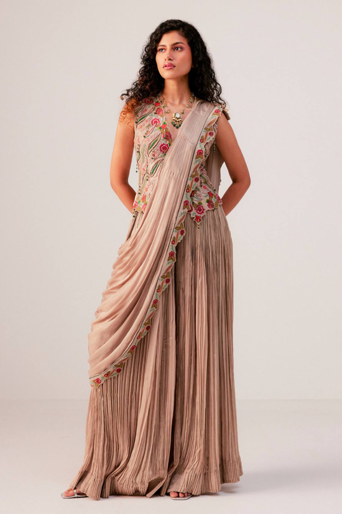 Rishi And Soujit Embroidered Waistcoat & Pleated Pre-Draped Pant Saree 