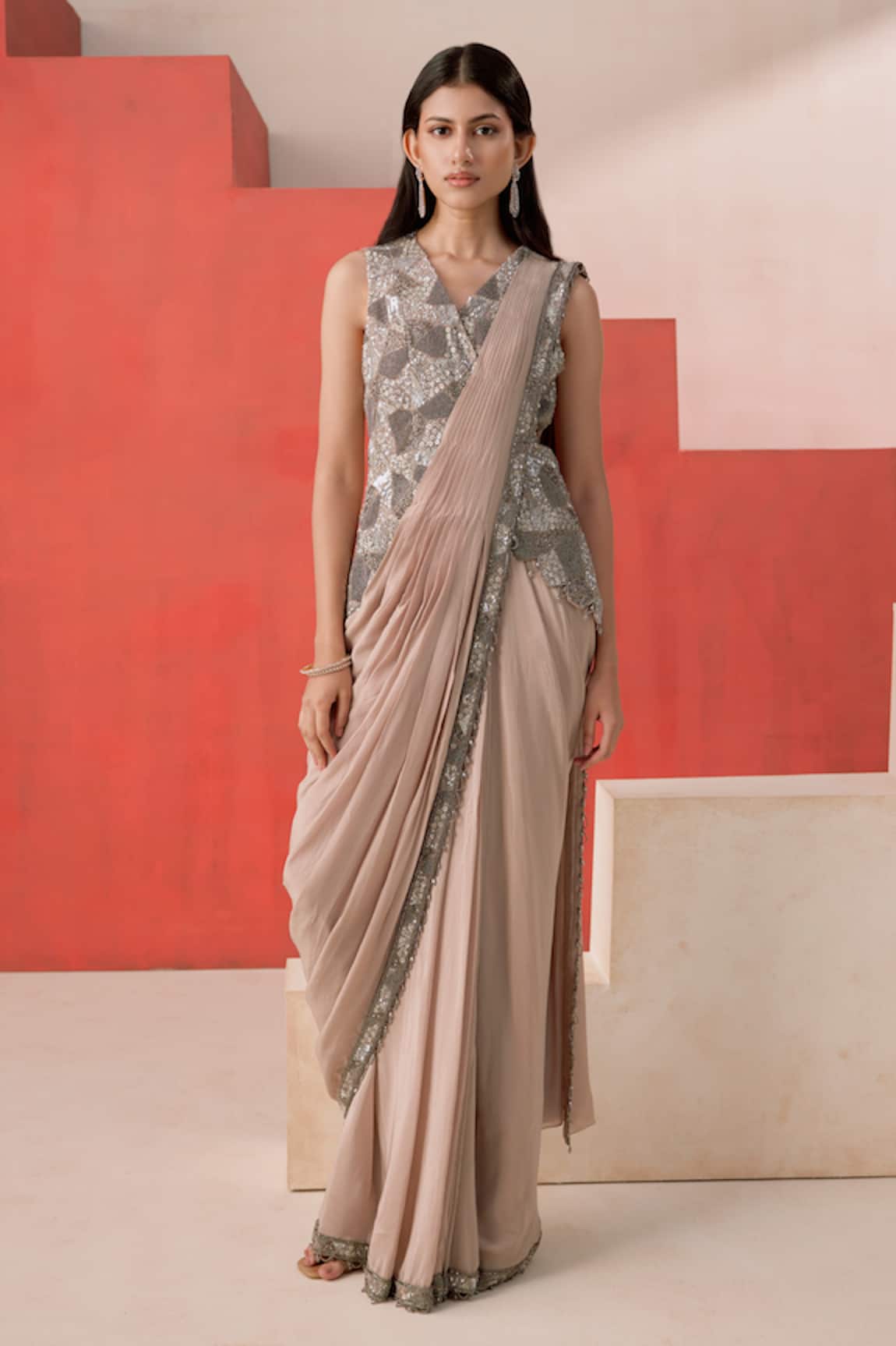 Rishi And Soujit Geometric Cutdana Sequin Pre-Draped Saree & Jacket Set 