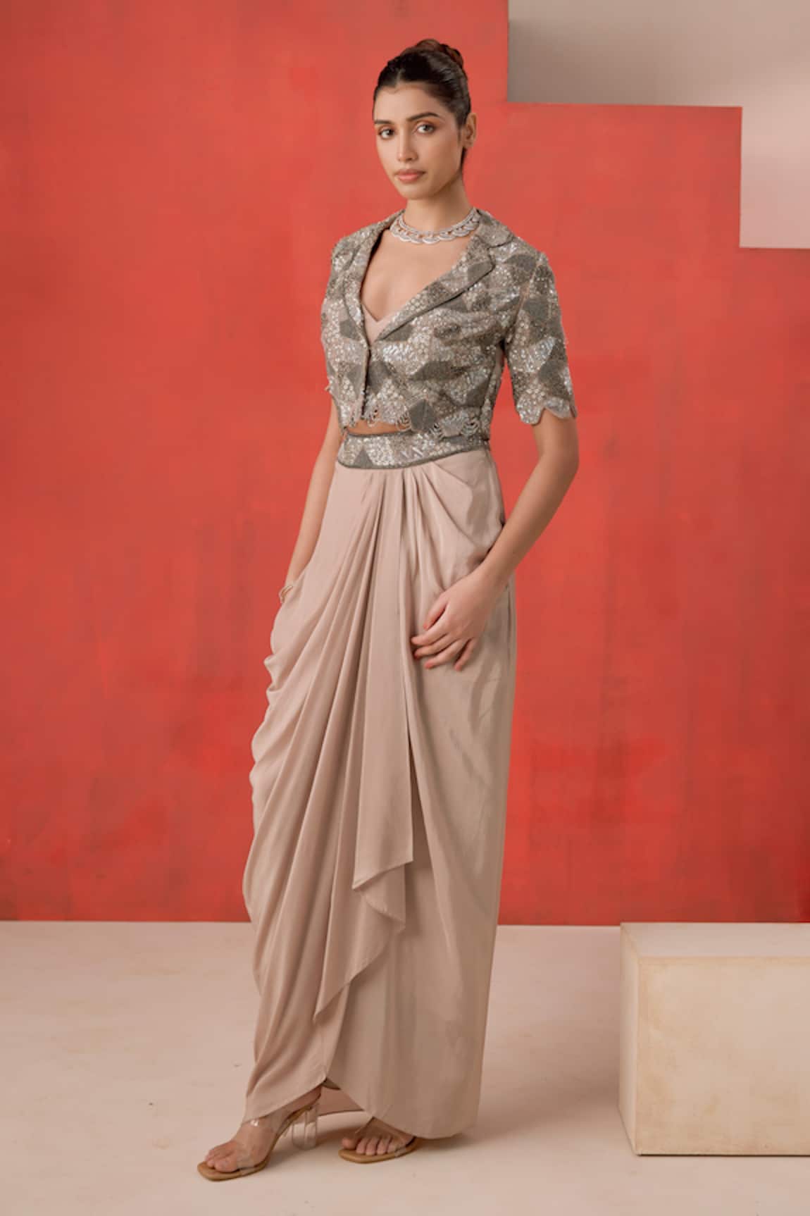 Rishi And Soujit Embroidered Short Jacket & Draped Skirt 