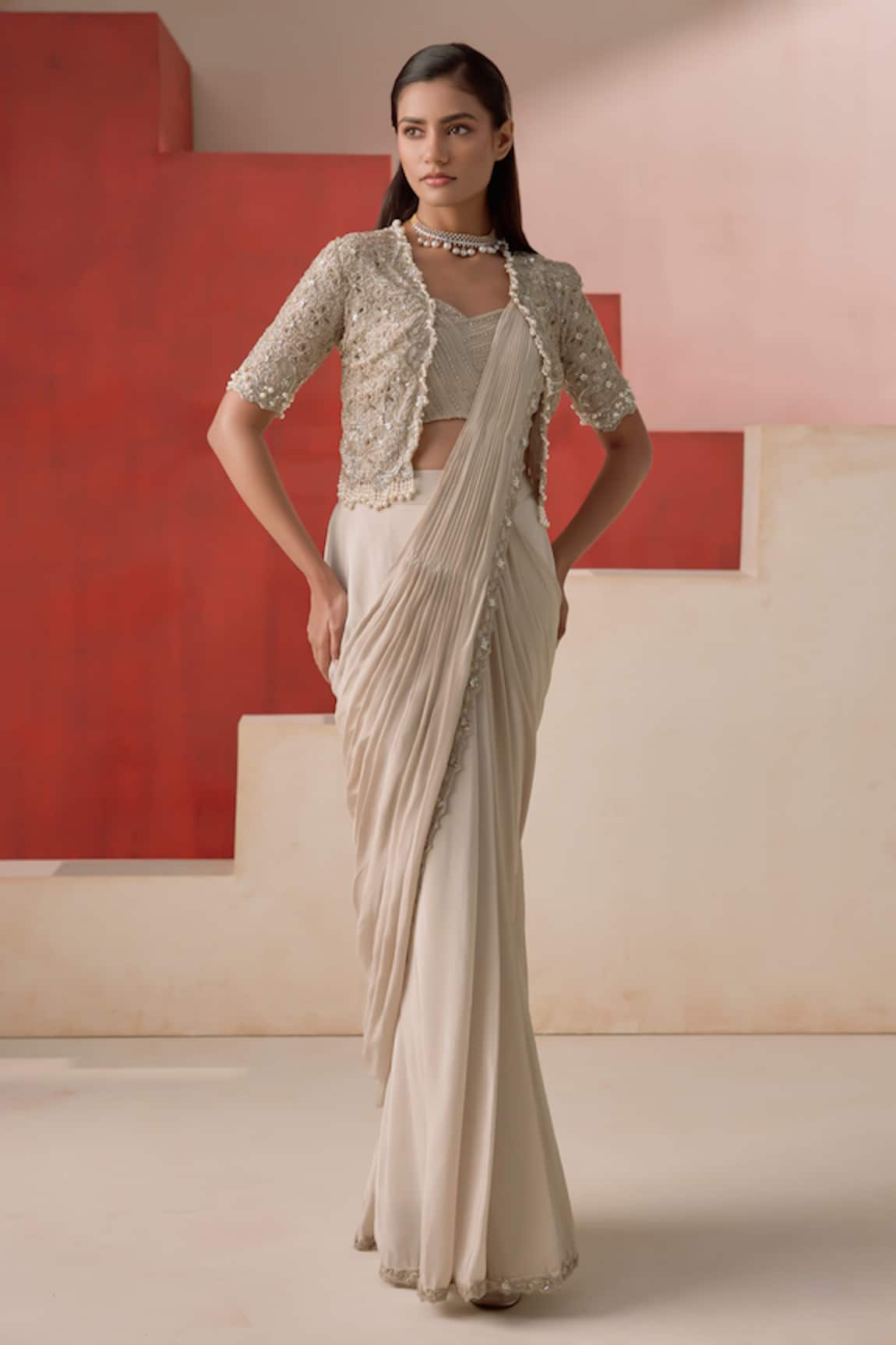 Rishi And Soujit Hand Embroidered Pre-Draped Saree Jacket Blouse 