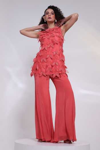 Smriti By Anju Agarwal Terra Leaf Top & Wide Legged Trouser Set