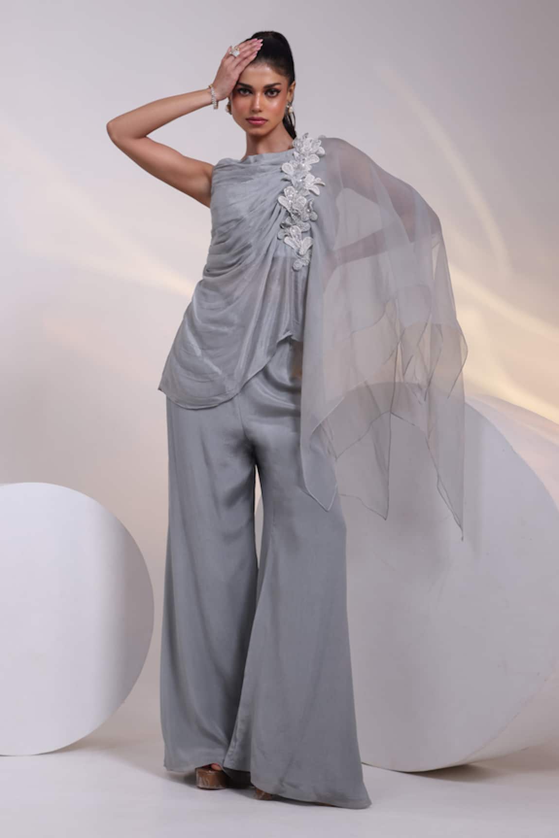 Smriti By Anju Agarwal Nimbis Floral Applique Pleated Top & Pant Set 