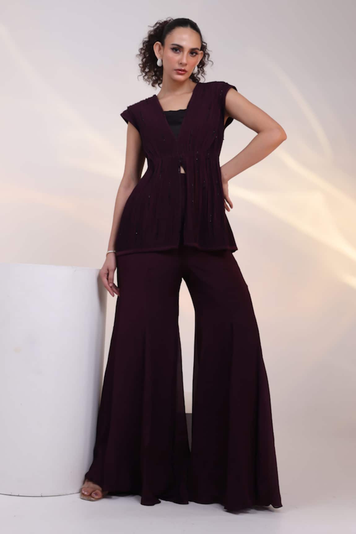 Smriti By Anju Agarwal Merlot Pleated Jacket Pant Co-ord Set 