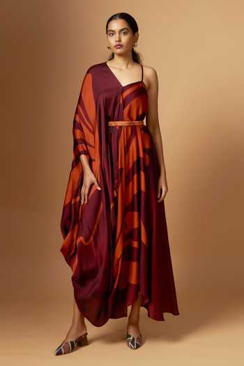 Vedika M Maroon Abstract Print V Neck Draped Dress