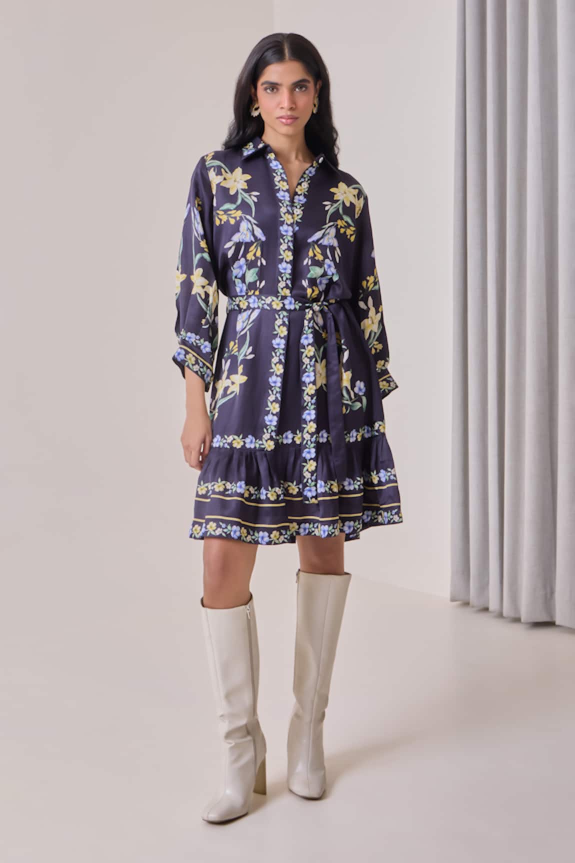 Needleten Floral Print Tiered Shirt Dress With Belt