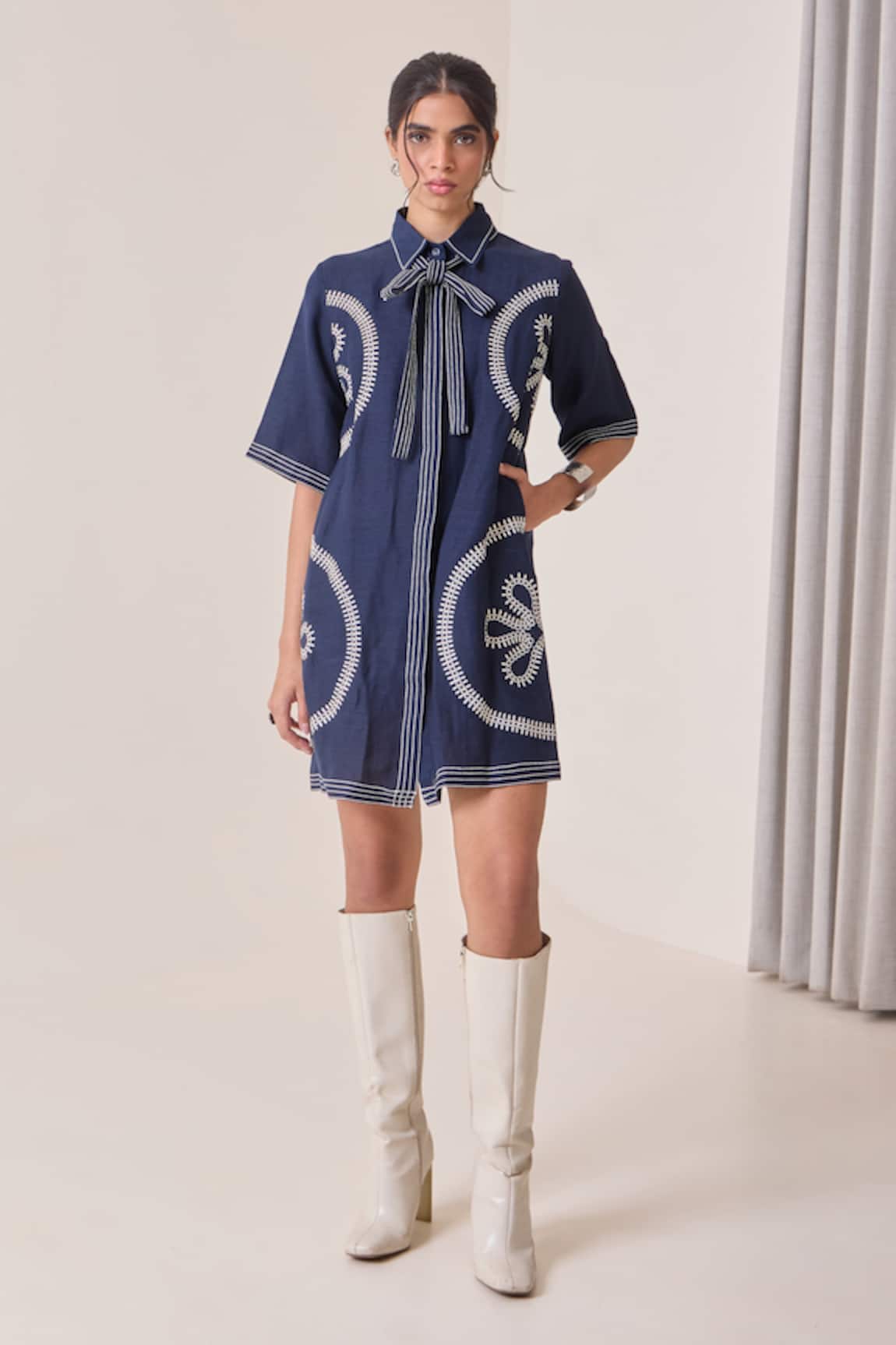 Needleten Embroidered Shirt Dress With Tie-Up Belt