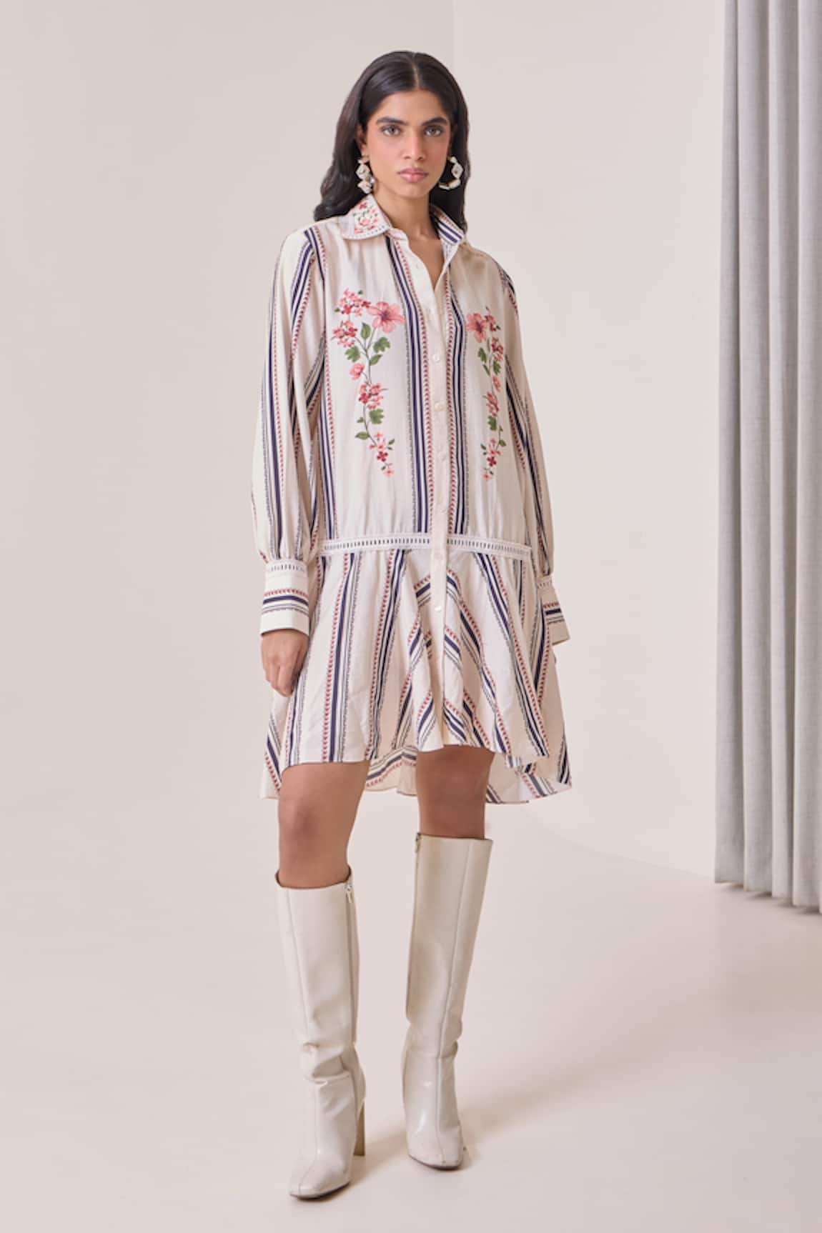 Needleten Striped Floral Embroidered Shirt Dress