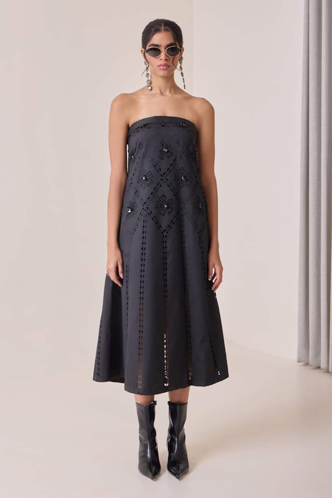 Needleten Geometric Cutwork Strapless Midi Dress