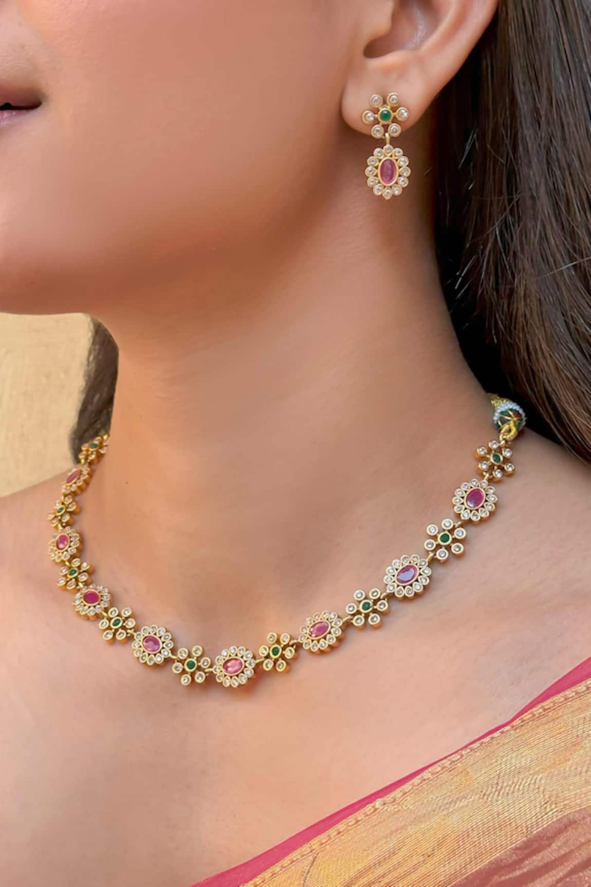 Saga Jewels Floral Motif Temple Necklace Set 