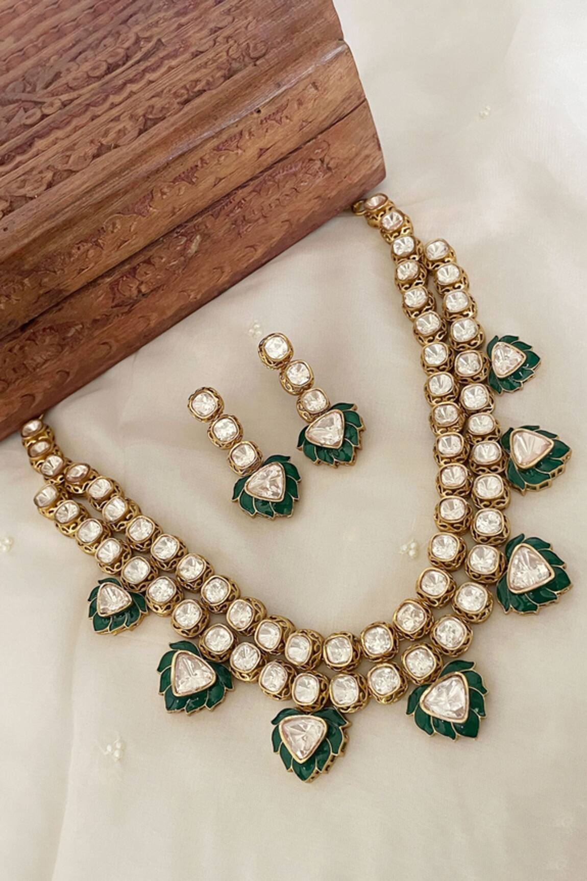 Saga Jewels Floral Motif Green Enamelled Necklace Set 