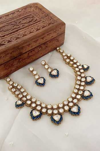 Saga Jewels Floral Motif Blue Enamelled Necklace Set 