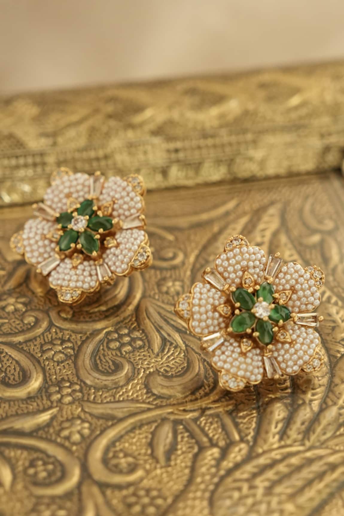 Saga Jewels Pearl Studded Floral Stud Earrings 