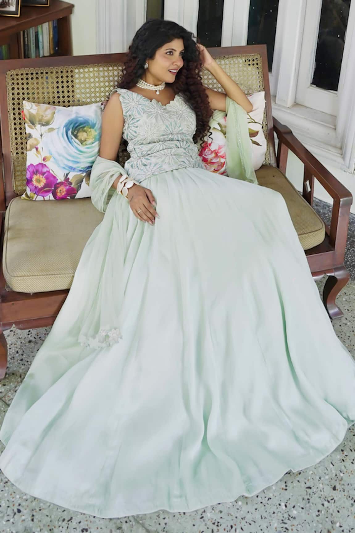 Shreeka Crystal Floral Embroidered Kurta Skirt Set 