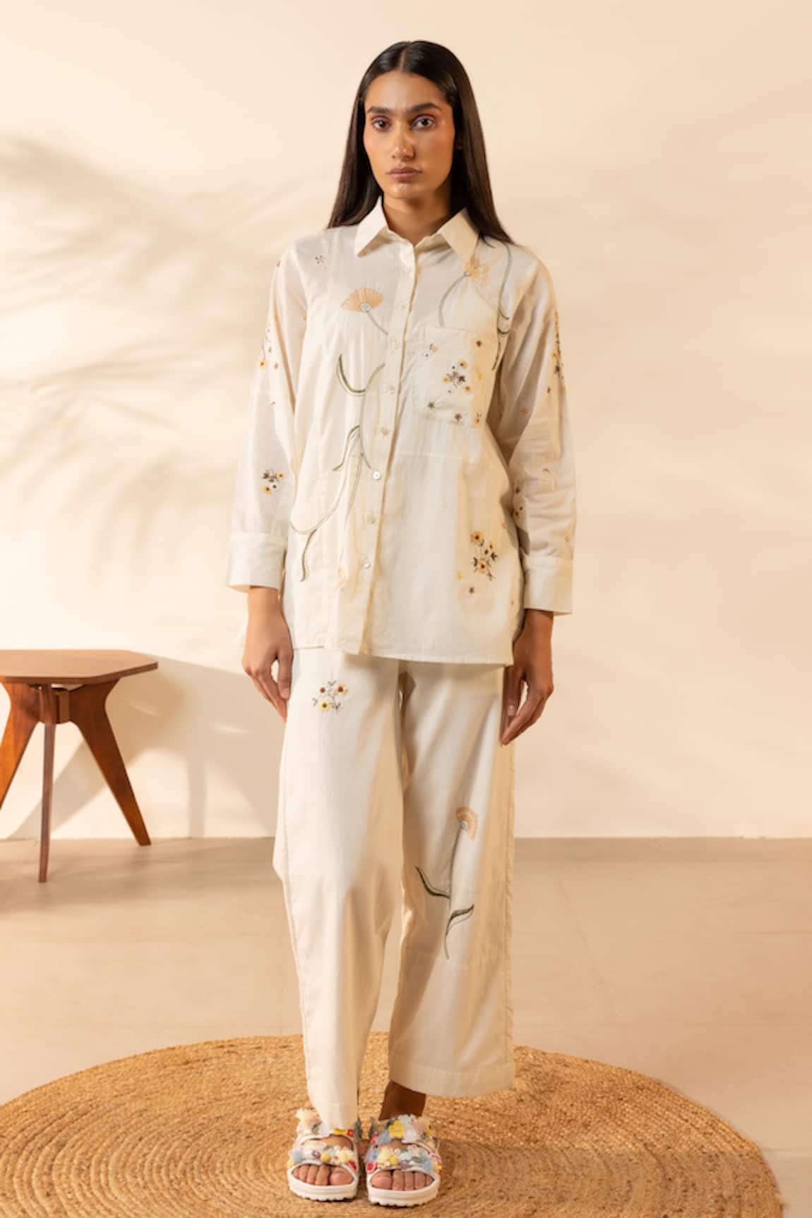 OurDve Apricot Floral Embroidered Shirt & Pant Set 