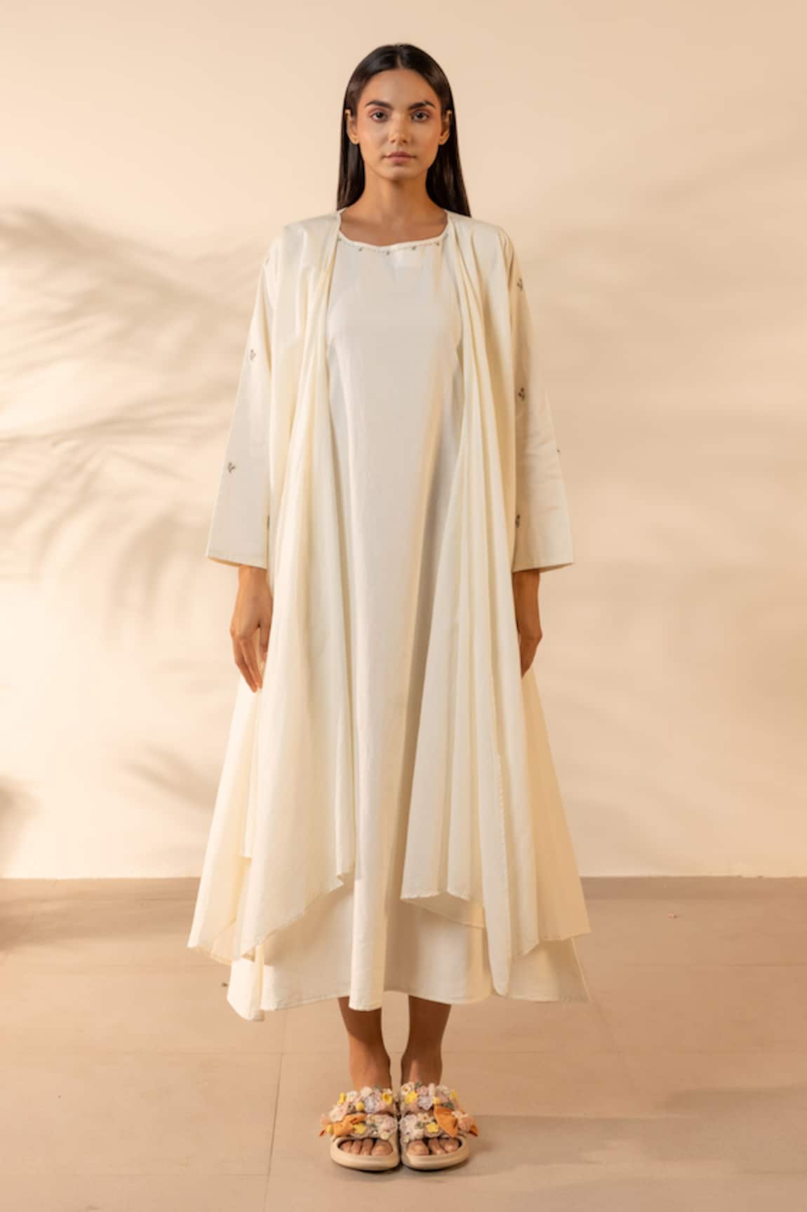 OurDve Saffron Sky Sleeveless Dress With Shrug 