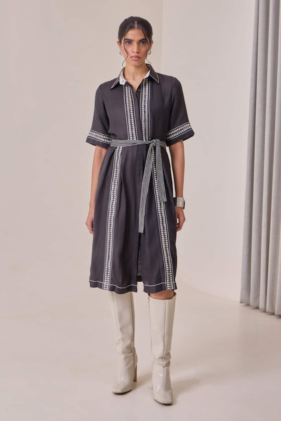 Needleten Embroidered Shirt Dress With Belt