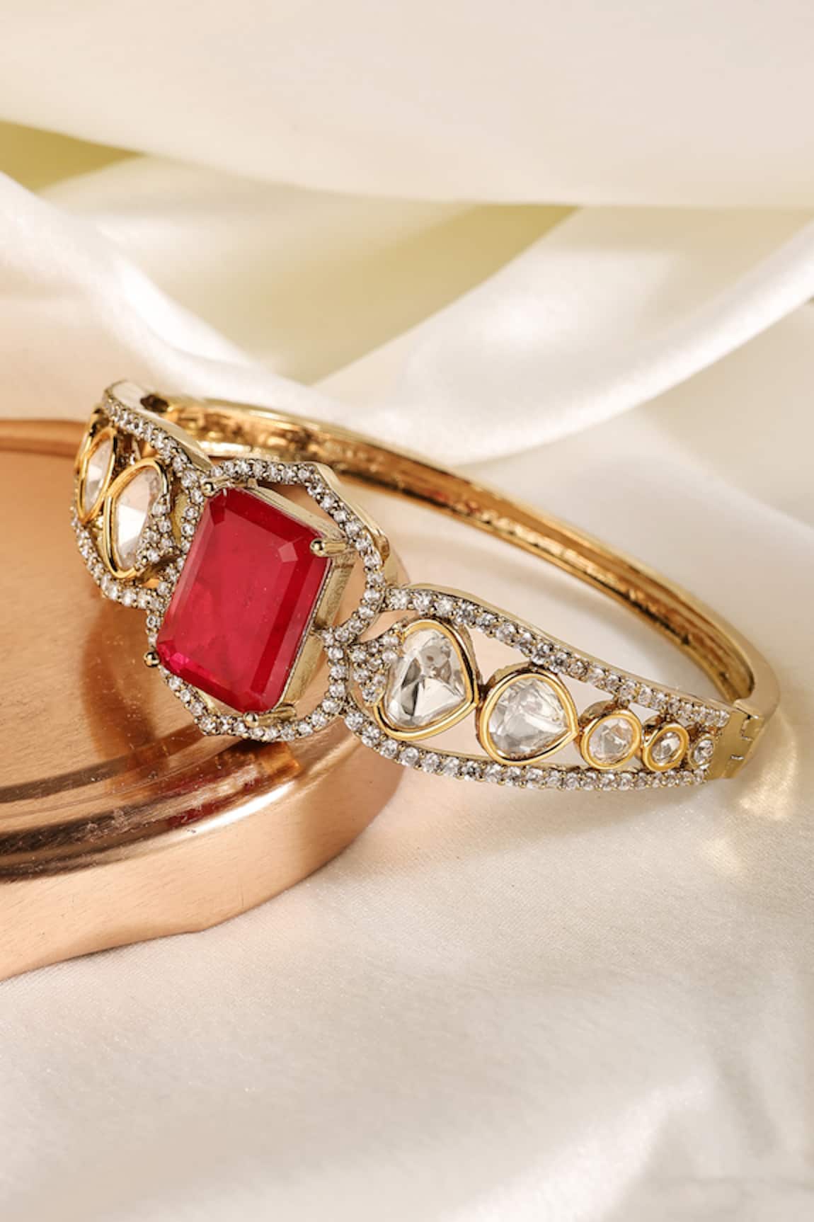 Prestones Ruby Polki Zircon Openable Bangle 