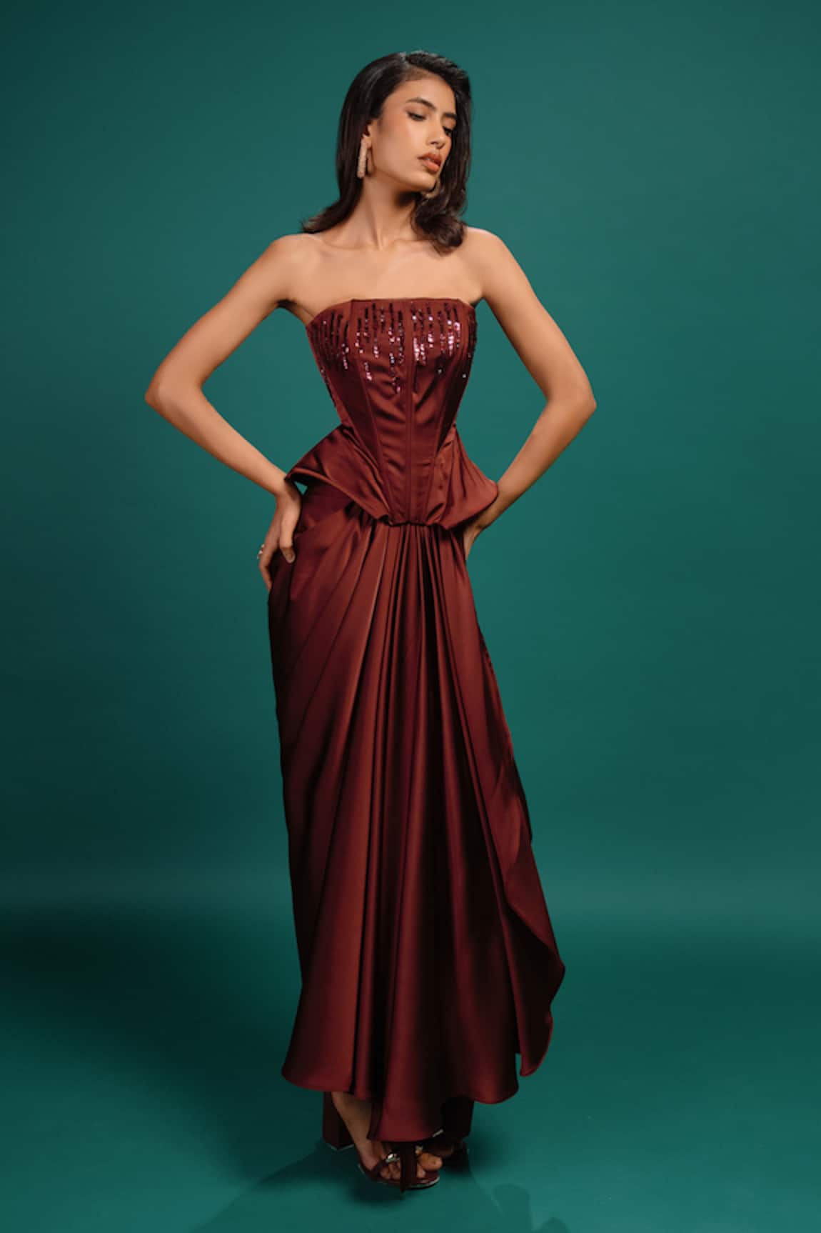 Style Junkiie Garnet Draped Satin Skirt 