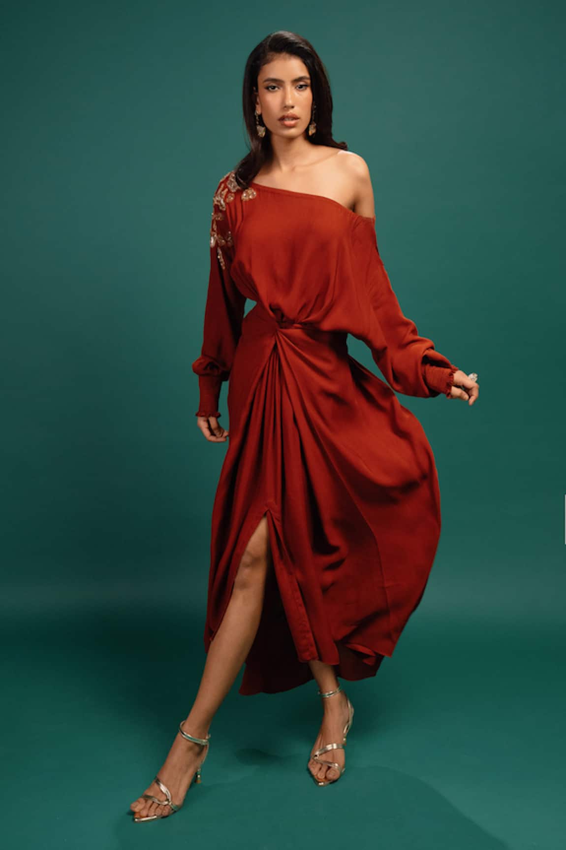 Style Junkiie Rust Spotted Wrap Georgette Dress 