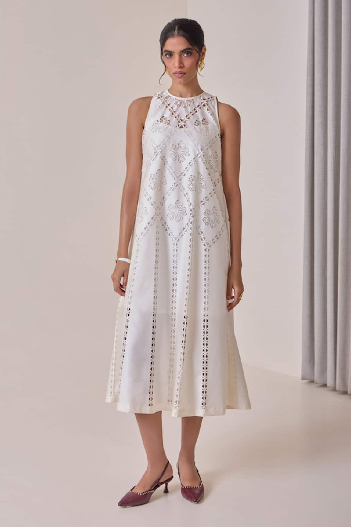 Needleten Cutwork Floral Geometric Midi Dress