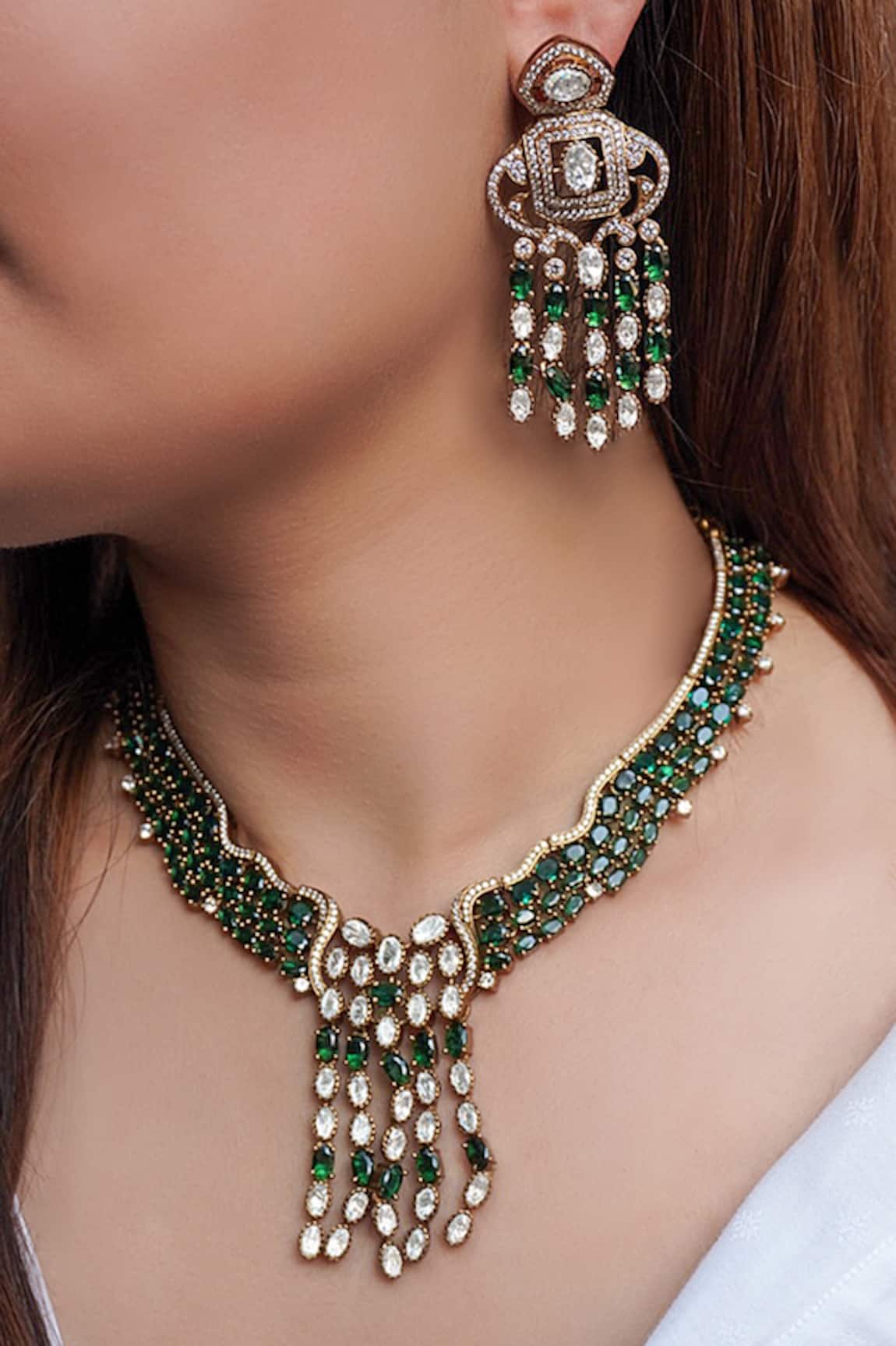 Prestones Emerald Zircon Cluster Necklace & Earring Set 