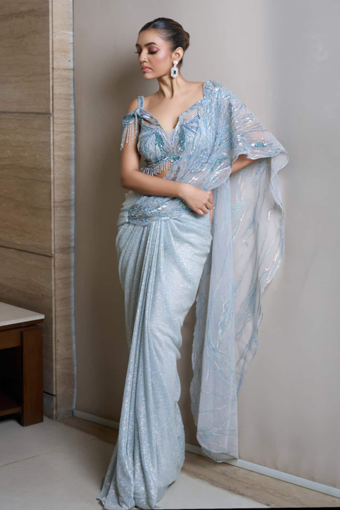 Presto Couture Crystal Embroidered Pre-Draped Saree With Blouse 
