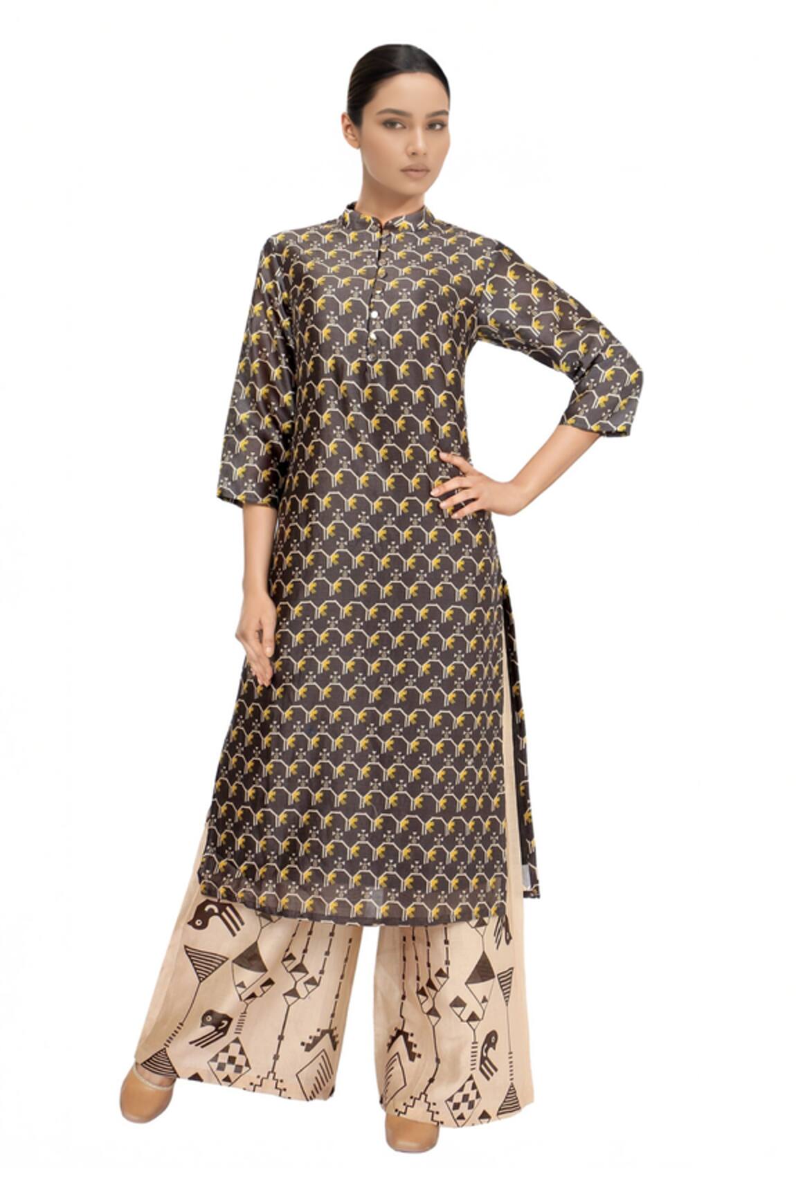 Soup By Sougat Paul Black & beige printed chanderi silk kurta set 