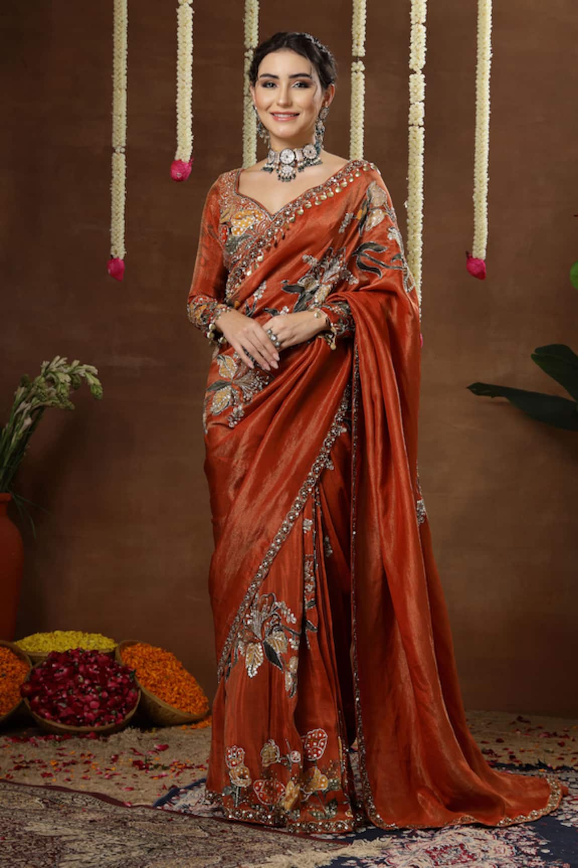 Miku Kumar Zelia Floral Embroidered Pre-Draped Saree With Blouse 