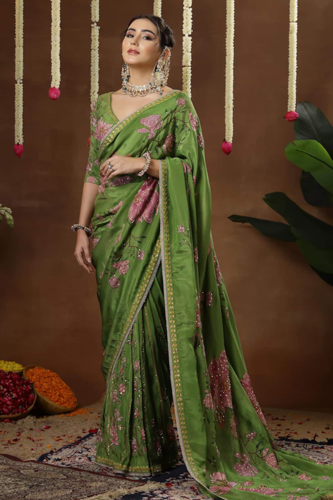 Miku Kumar Petunia Print Pre-Draped Saree With Blouse 
