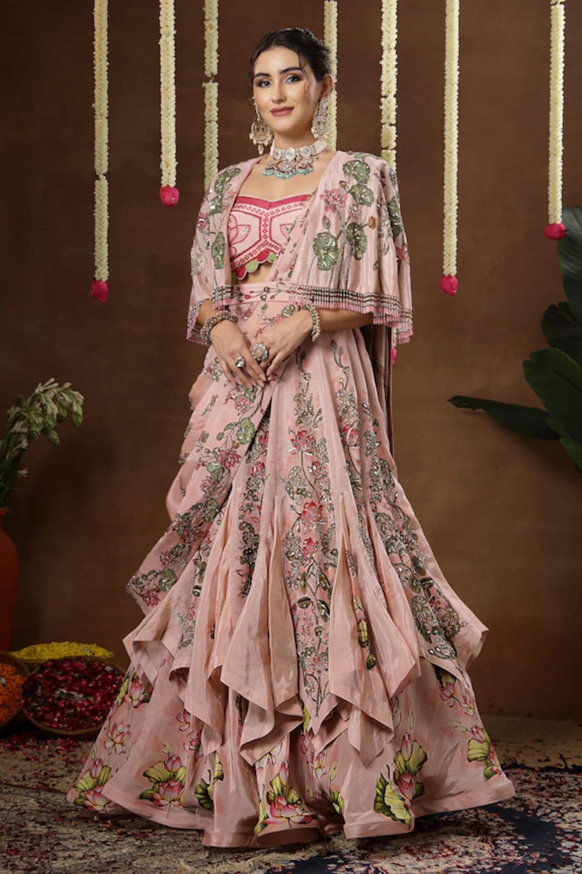 Miku Kumar Iris Floral Print Cape Draped Lehenga Set 