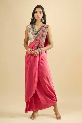 Prisho Embroidered Blouse Draped Skirt Set 