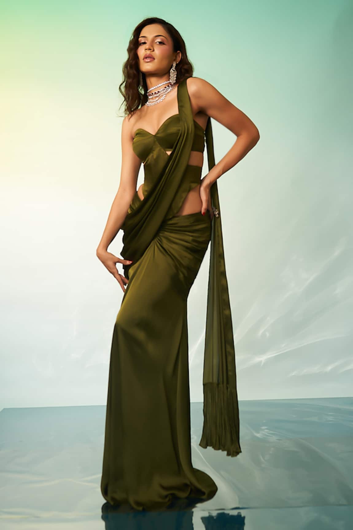 Anshika Tak Label Satin Pre-Draped Saree With Corset 