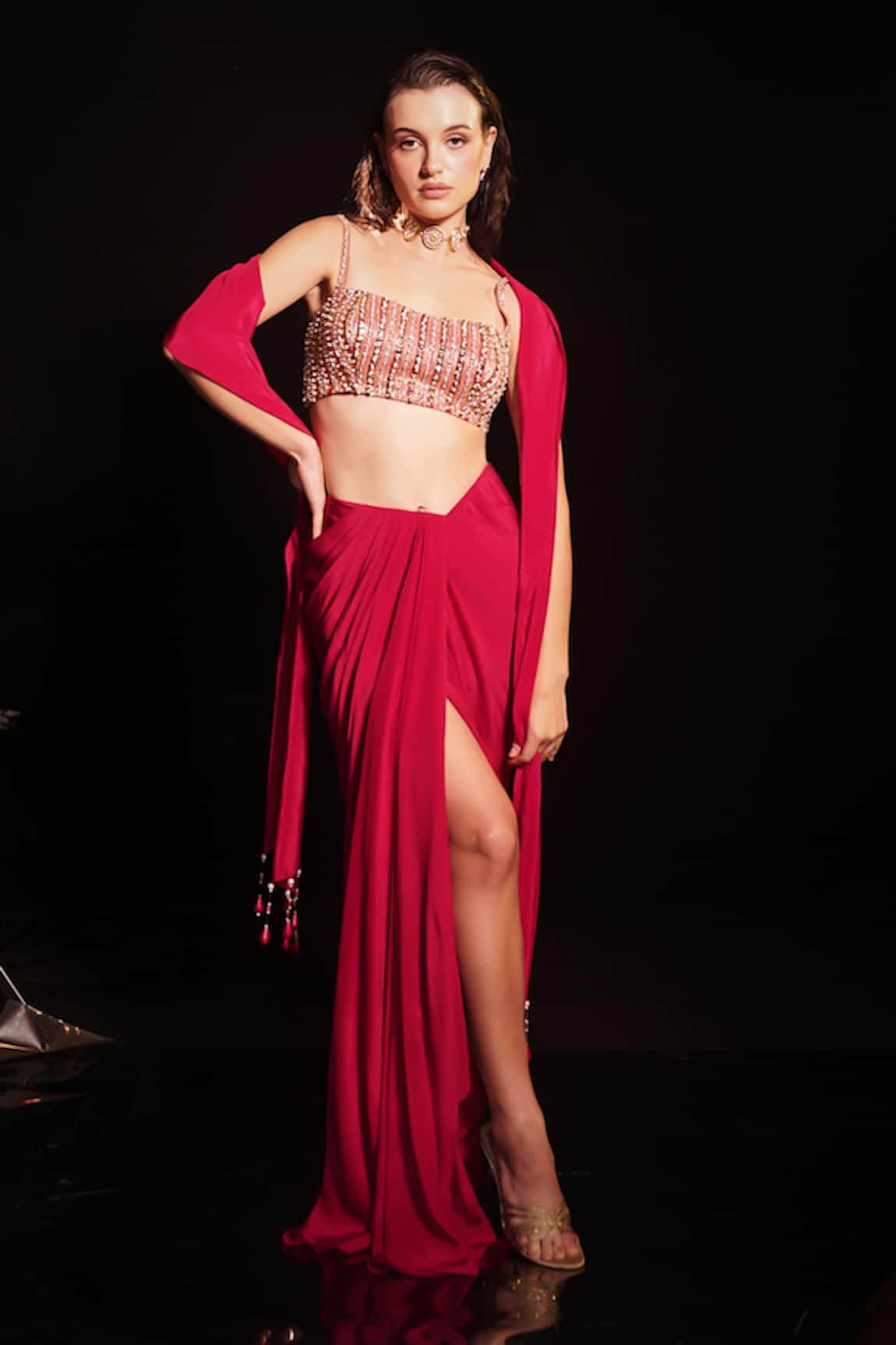 Anshika Tak Label Bead Sequin Embroidered Blouse Draped Skirt Set 