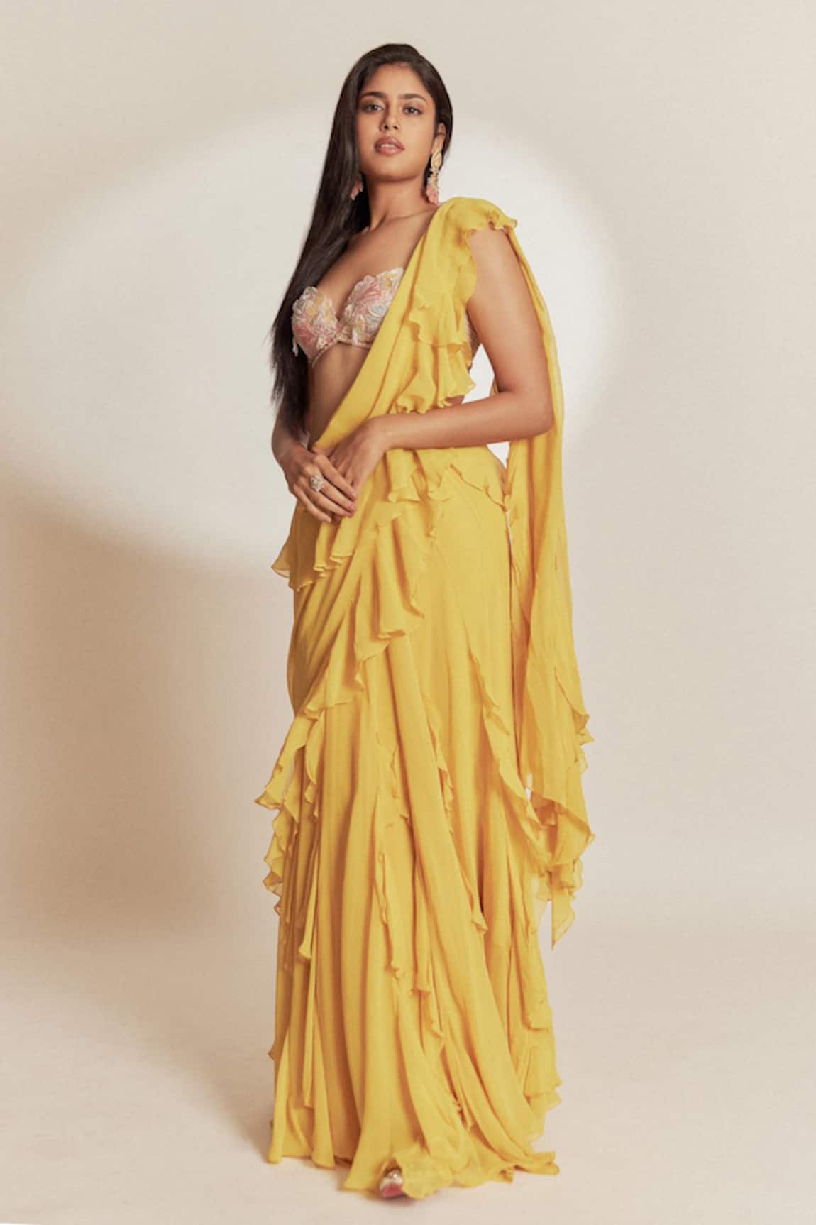 Anu Pellakuru Plain Pre-Draped Ruffle Saree Set 