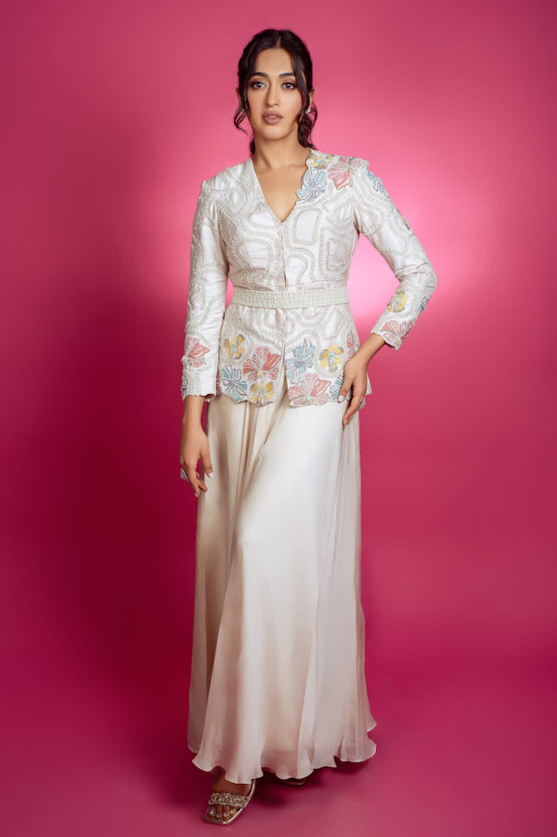 Anu Pellakuru Gardenia Embroidered Jacket With Sharara Pant 