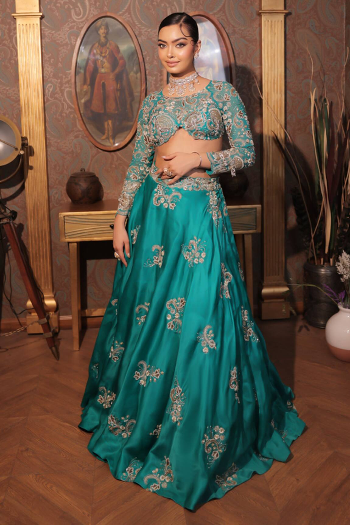 Anu Pellakuru Zardozi Floral Embroidered Lehenga With Cut-Out Blouse 