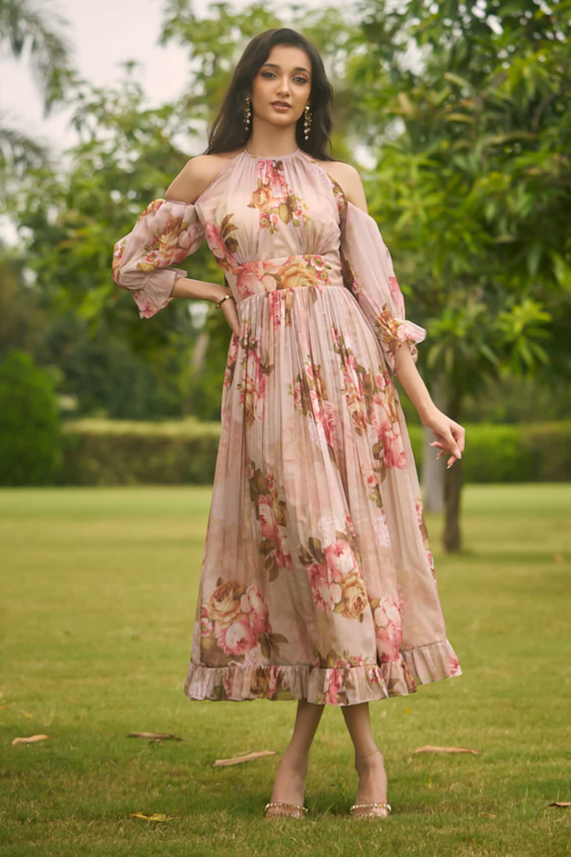AMRIN KHAN Dark Beige Floral One Piece Dress 