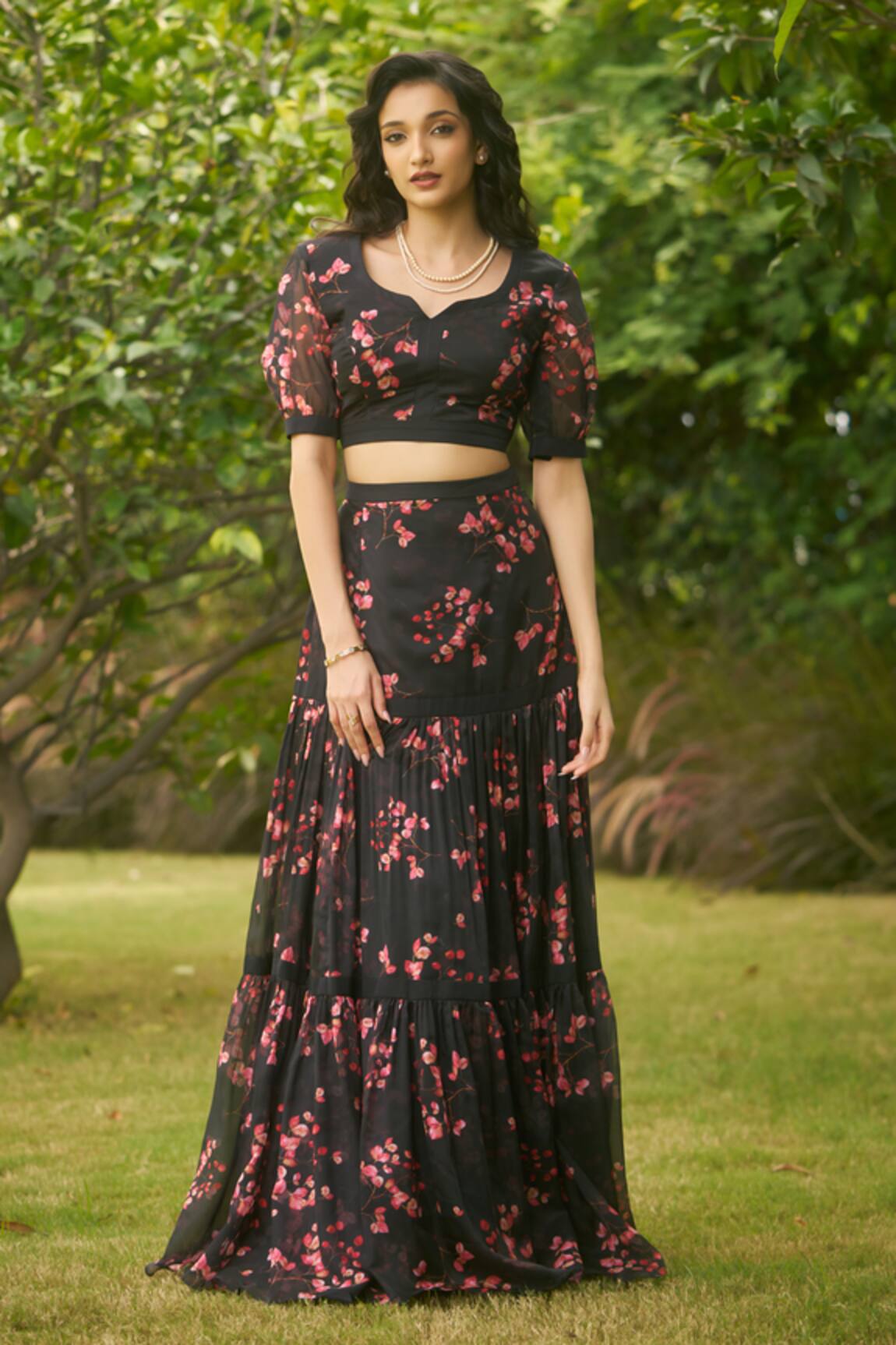 AMRIN KHAN Black Floral Print Blouse & Skirt Set 