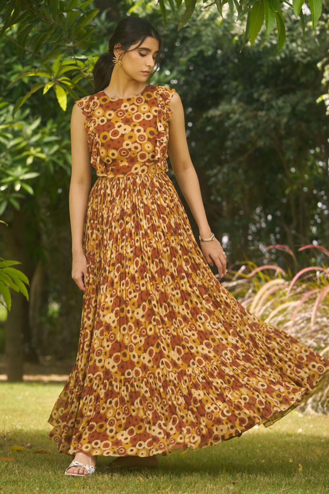 AMRIN KHAN Brown Floral Onepiece Dress 