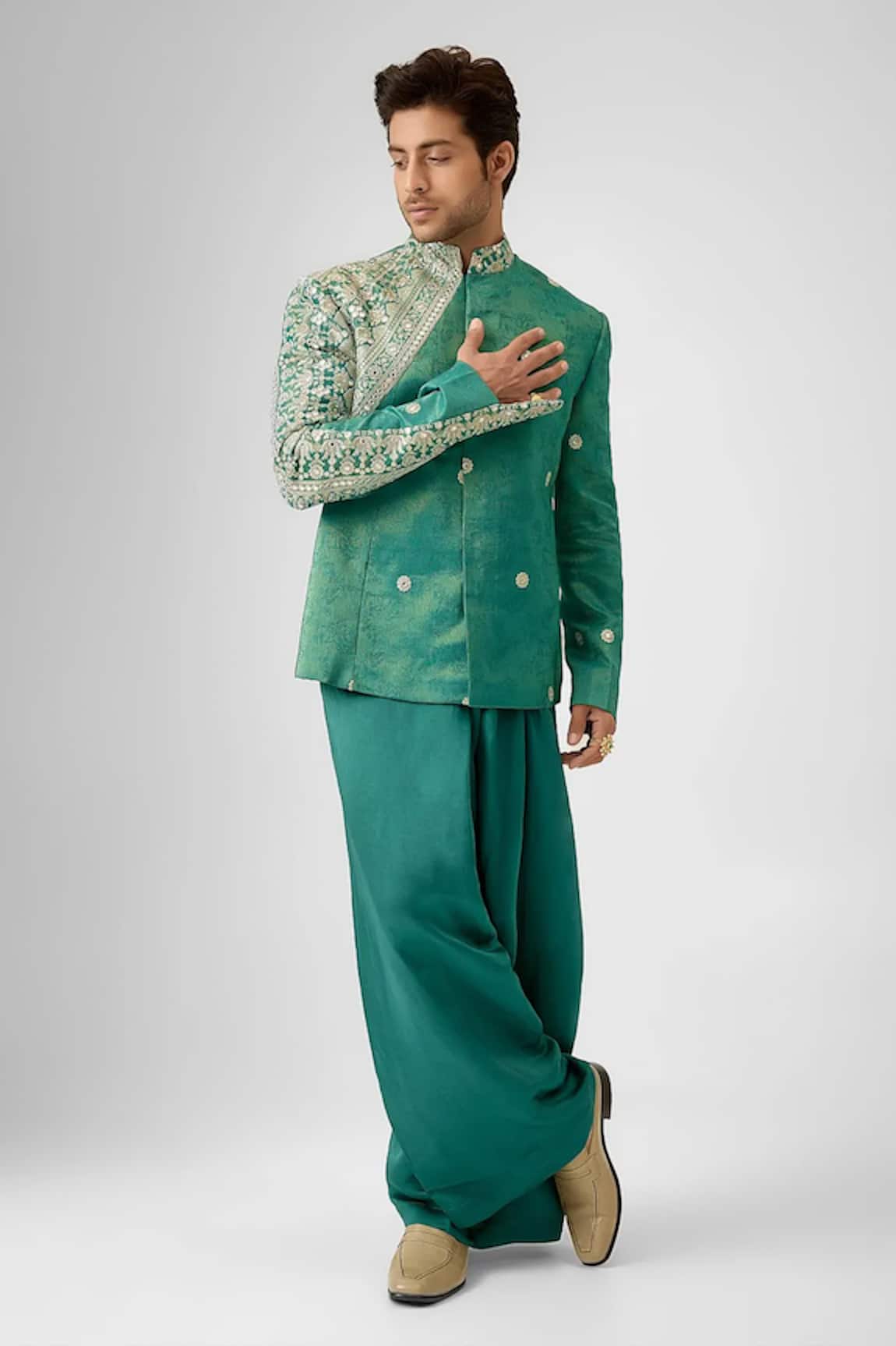 Mukti And Kavith Casa Eclipse Jacquard Embroidered Bandhgala With Palazzo 