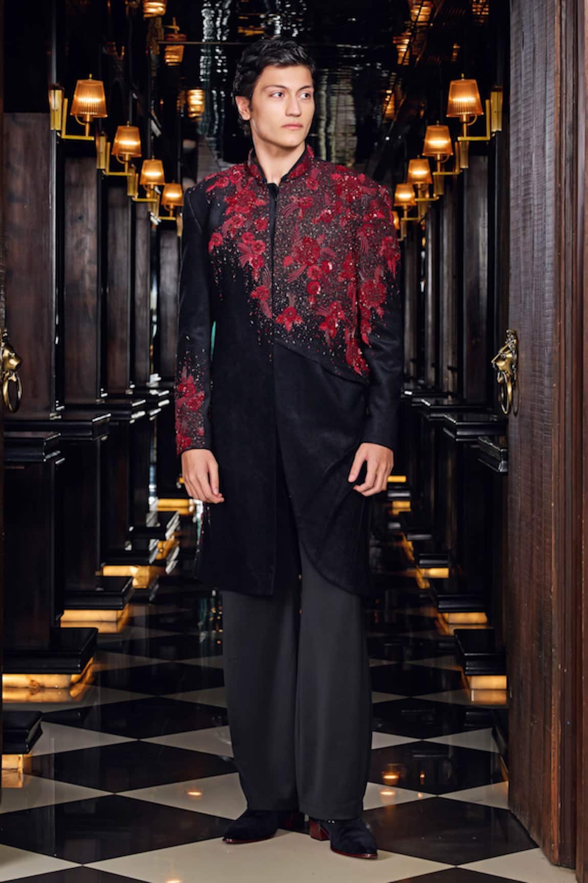 Mukti And Kavith Casa Crimson Noir Embroidered Sherwani Set 