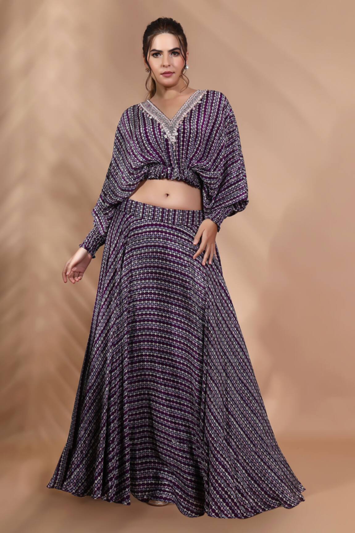 Shreya J Label Printed Cropped Top & Skirt Set 