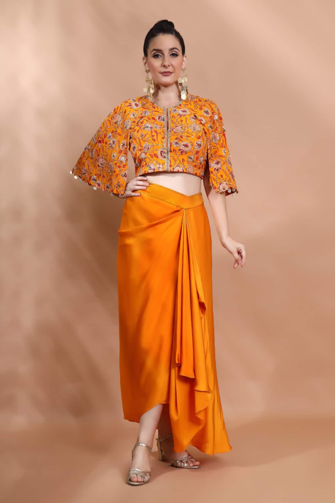 Shreya J Label Floral Hand Embellished Top & Draped Skirt Set 