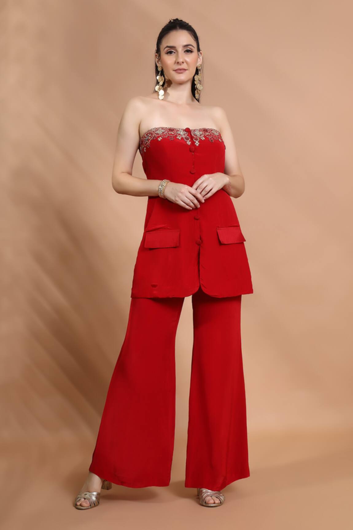 Shreya J Label Embroidered Strapless Kurta & Pant Set 