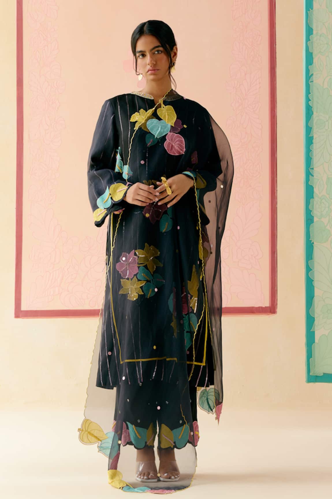 I Am Design Rainbow Rose Black Applique Kurta Set 