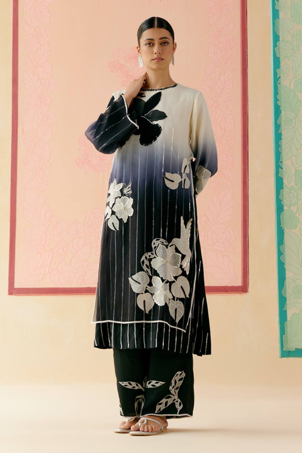 I Am Design Rose Applique Ombre Layered Kurta Set 