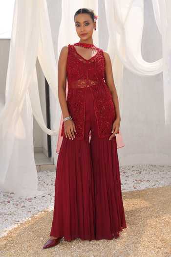 Meenagurnam Cutwork Hand Embroidered Peplum Blouse Sharara Set 
