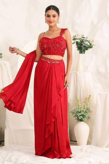 Meenagurnam Dabka Hand Embellished Blouse & Draped Skirt Set 